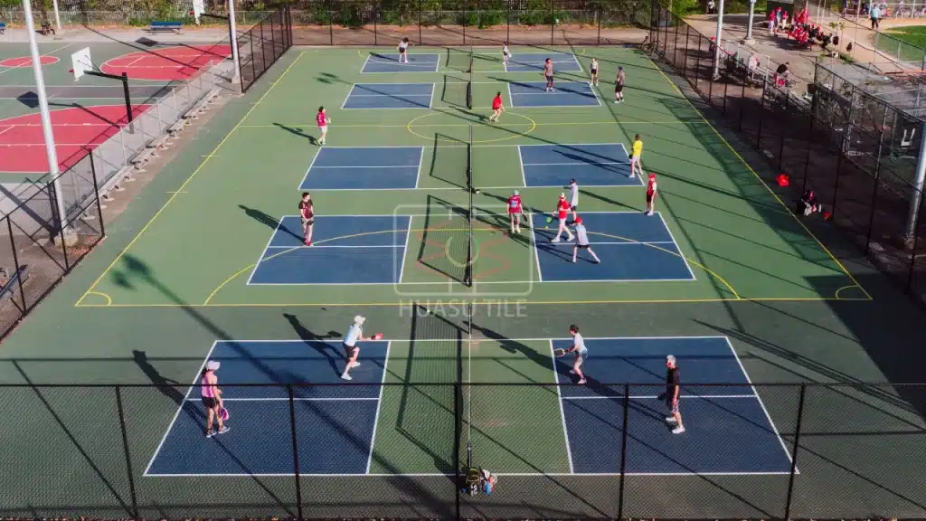 Commercial pickleball court with modular tile surface